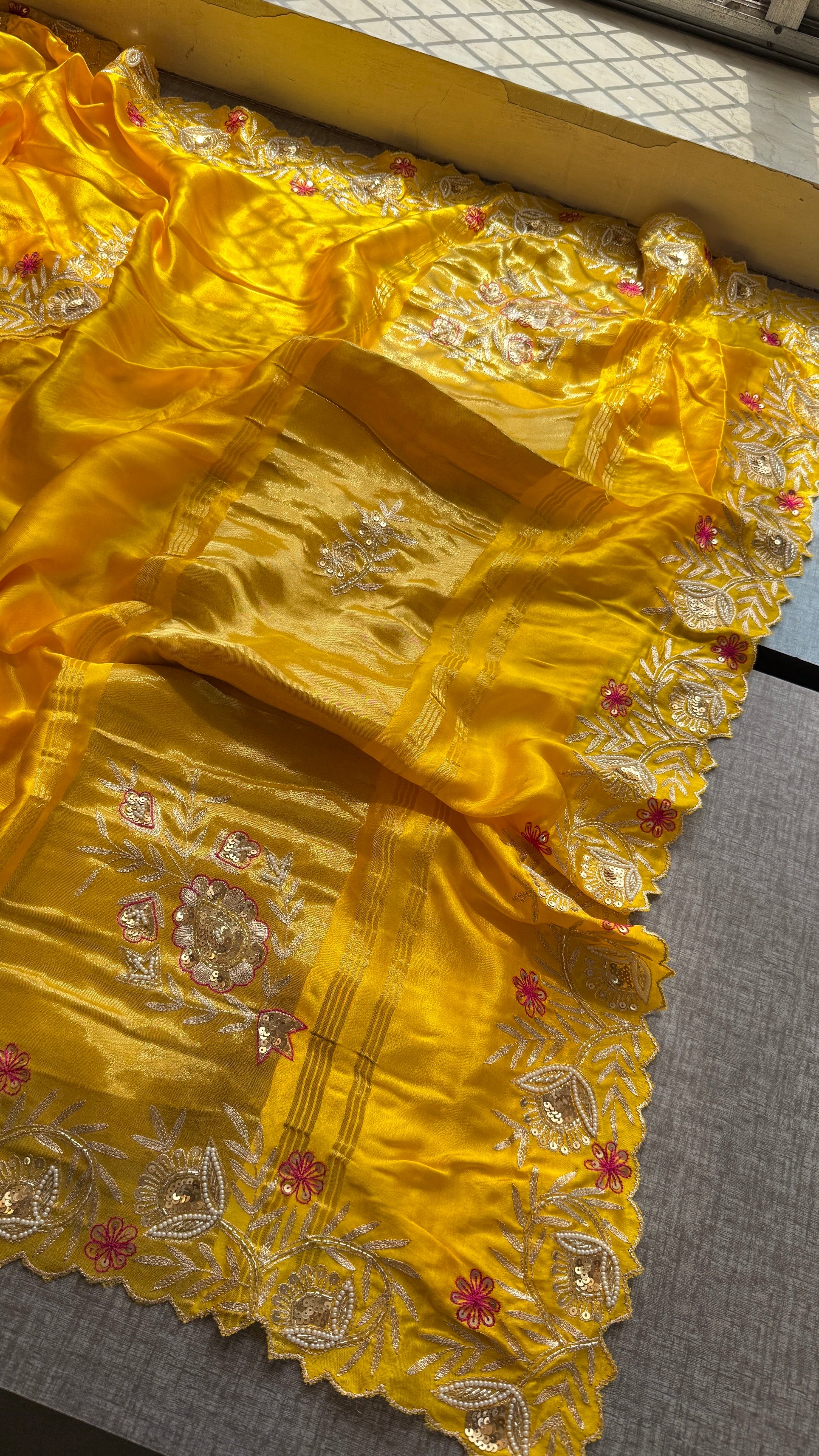 Designer Yellow Pure Gajji Silk Saree with Aari, Cutdana, and Gota Patti Handwork with Blouse