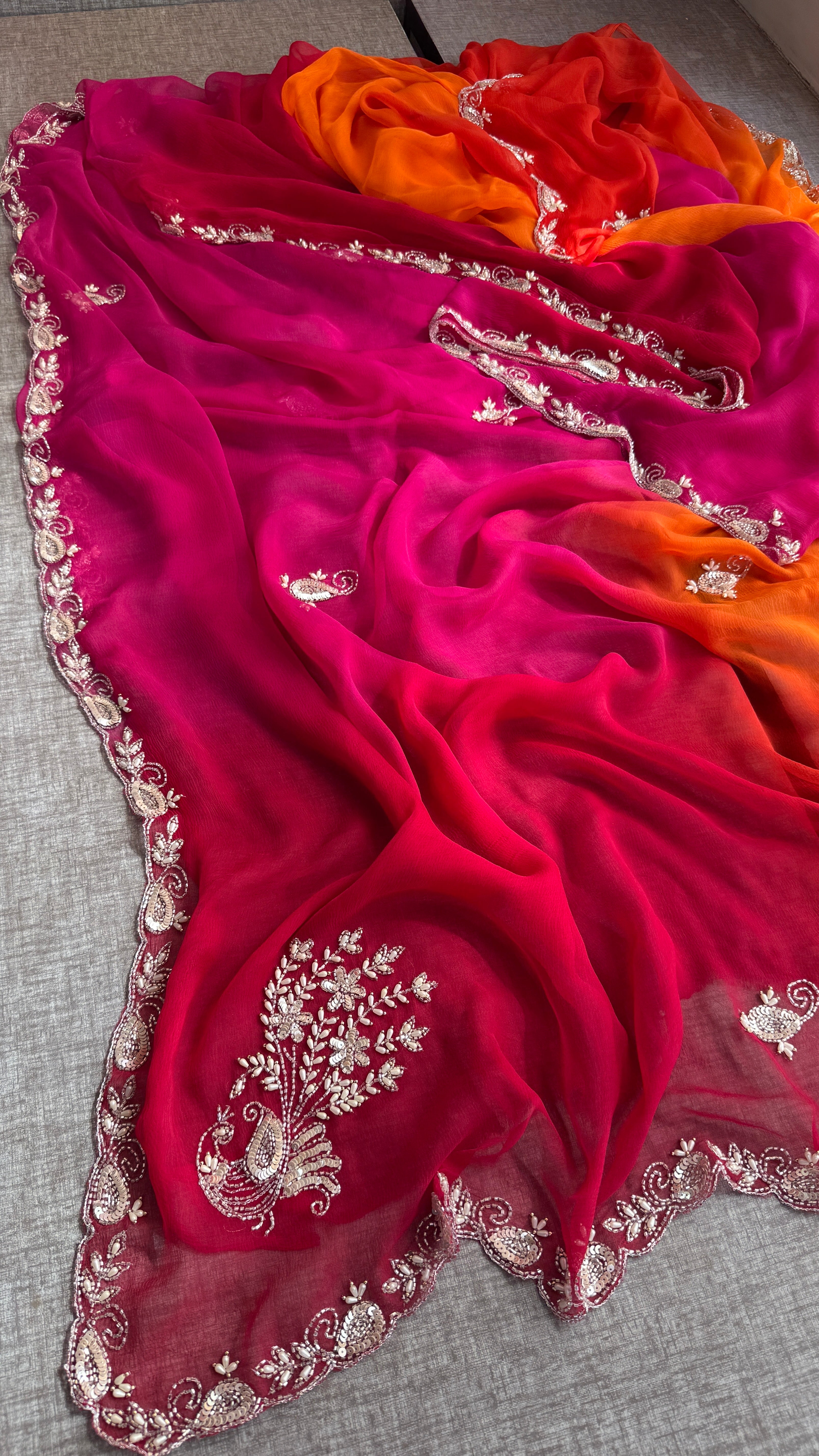 Multi Shade Summer Chiffon Saree with Cutdana, Moti & Sequins Work