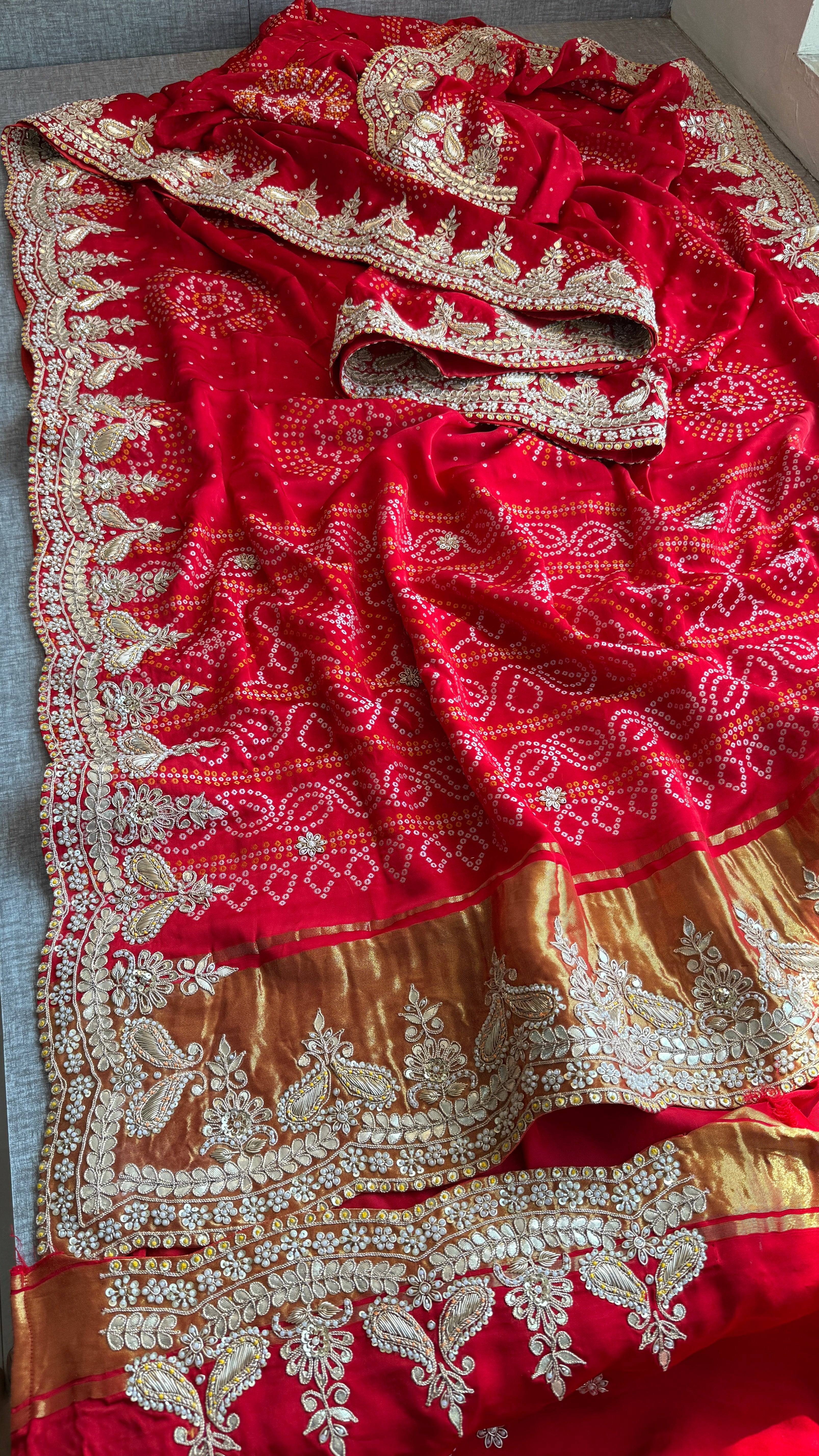 Pure Gajji Satin Silk Bandhani Weaving saree with Marodi Work