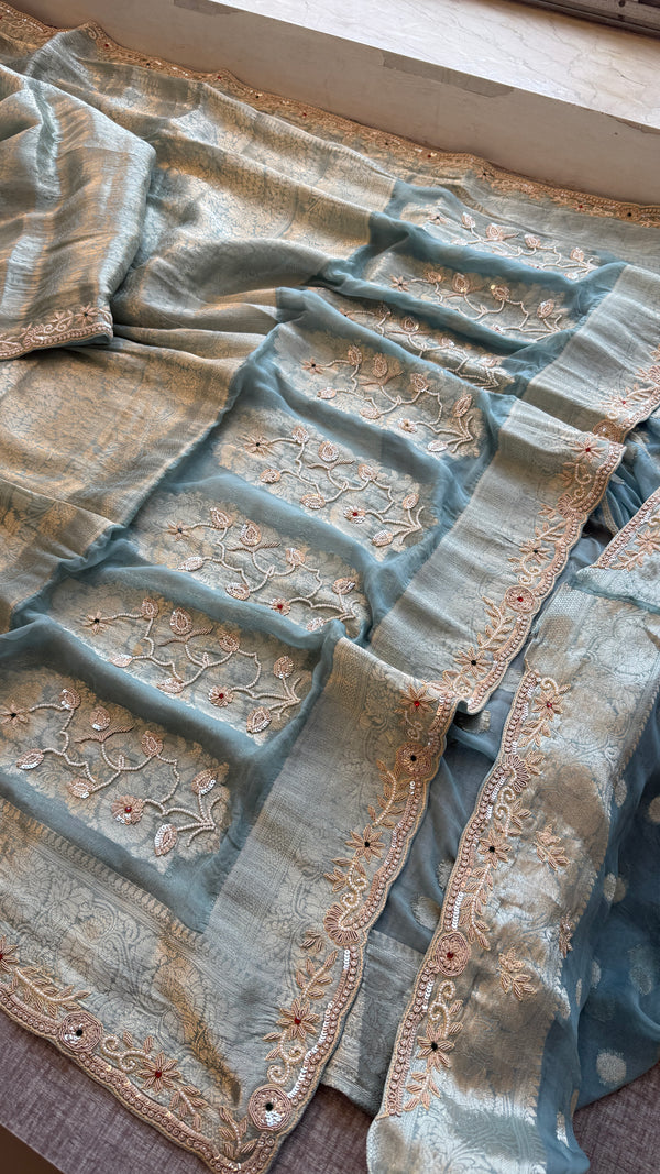 Pure Khaddi Georgette saree Adorned With Zardozi, Sequins , Pearl and Stone
