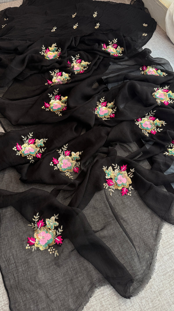 Midnight Black Chiffon Saree with Multi Sequins Butta & Resham Work