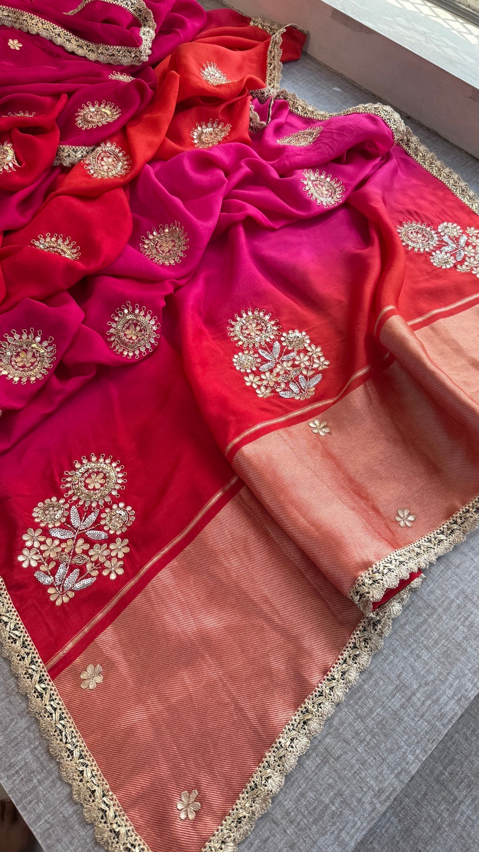 Pure Munga Silk Lakdi Patta Banarasi Saree with Gotapatti, Zardozi & Pearl Work