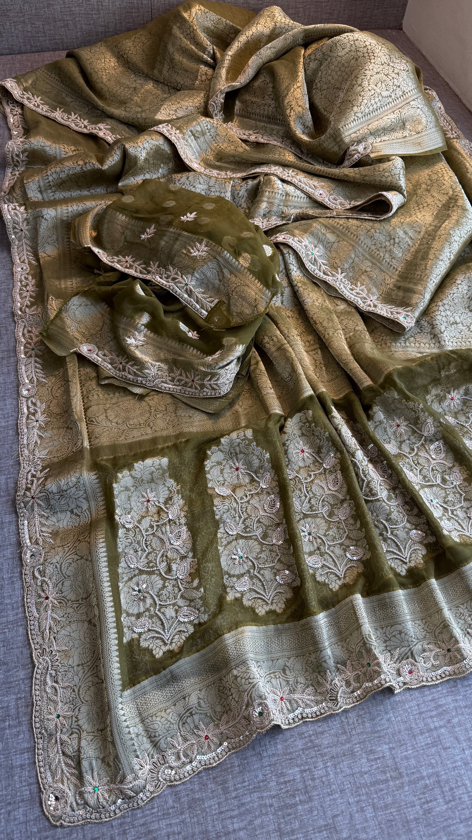 Wedding Wear Banarasi Khaddi Georgette Saree with Pearl Sequin Gotapatti Work