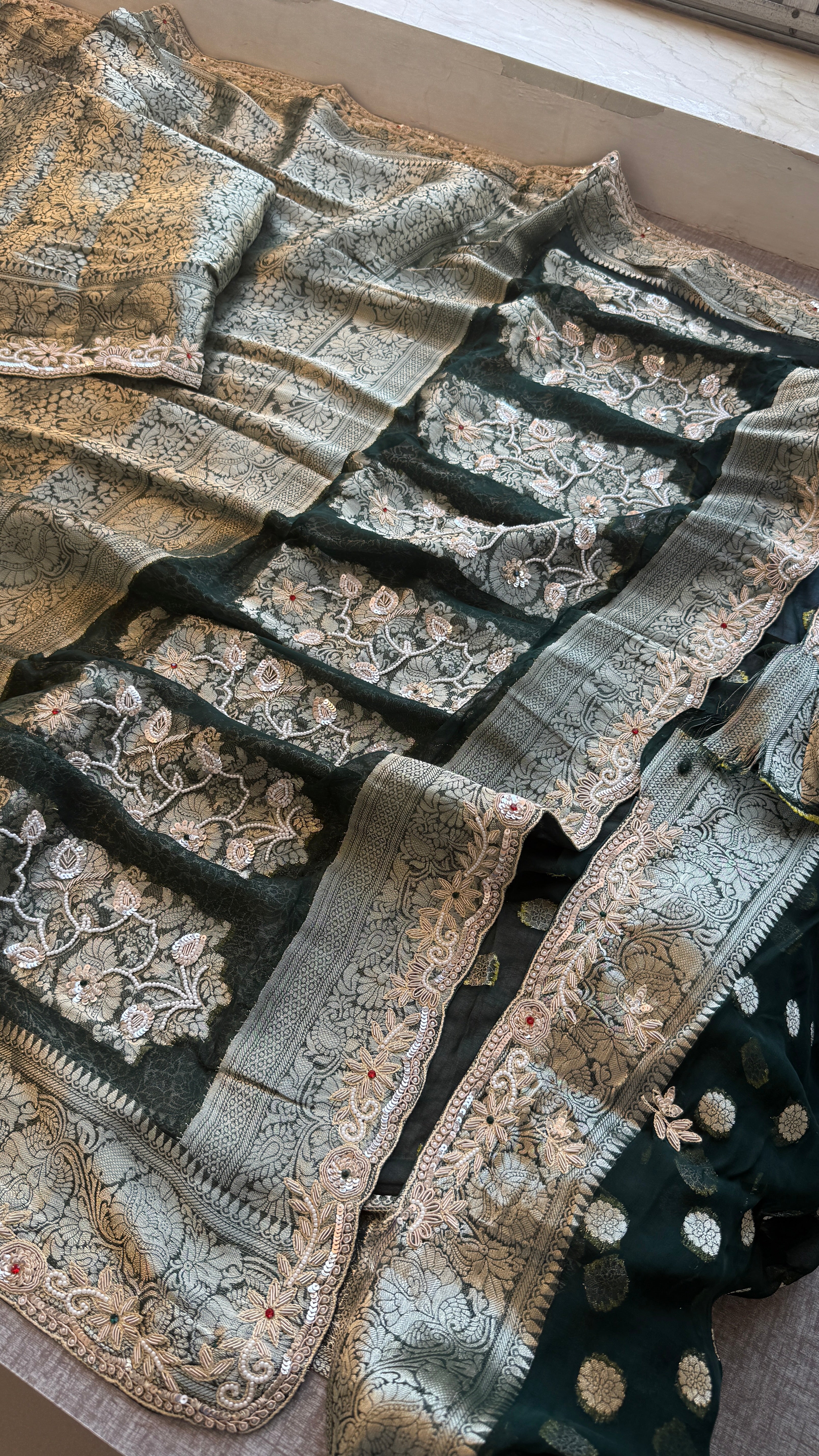 Pure Khaddi Georgette saree Adorned With Zardozi, Sequins , Pearl and Stone