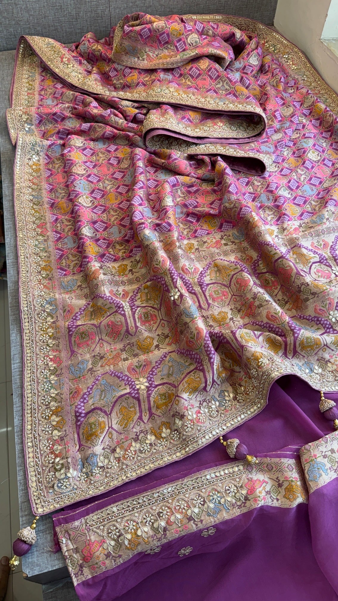 Khaddi georgette Banarasi weaving Saree with gotapatti work and tussles over pallu
