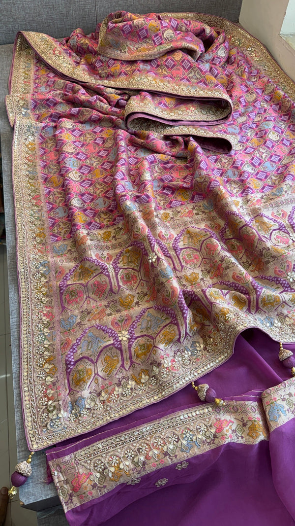 Khaddi georgette Banarasi weaving Saree with gotapatti work and tussles over pallu