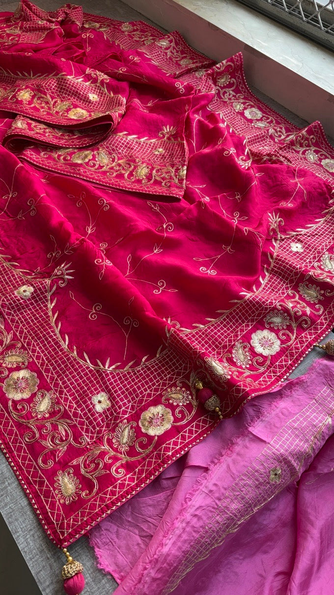 Soft Munga Silk Wedding Wear Saree with Intricate Hand Embroidery & Statement Blouse