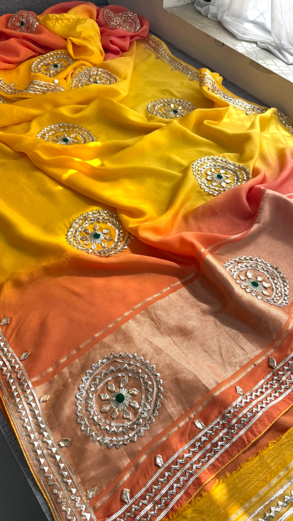 Sunshine Pure Munga Silk Rajwadi Pattern Rajasthani Jaipuri Saree with Sikhiya Gota Patti Work