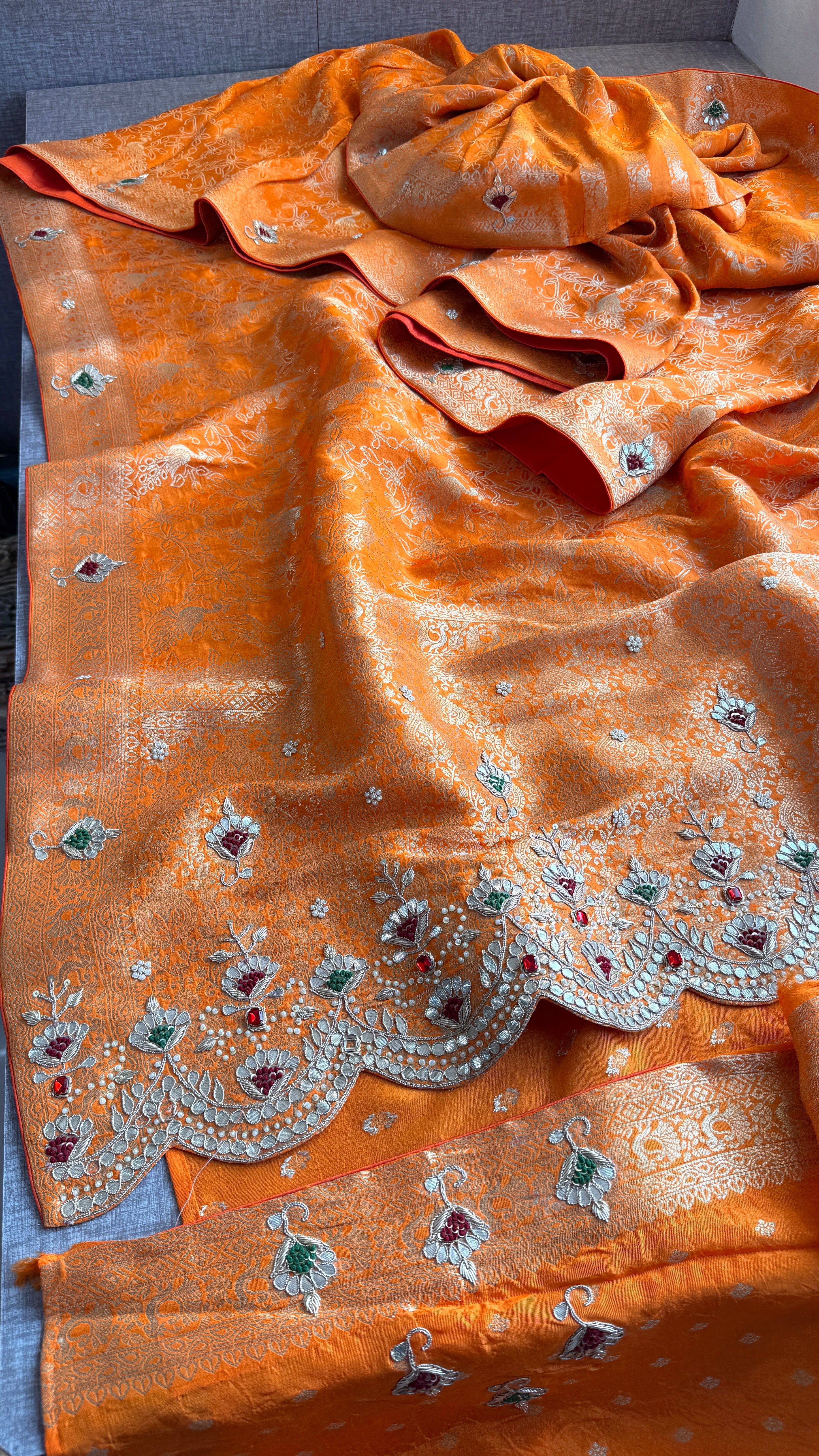 Vibrant Orange Banarasi Georgette Stone Work Saree