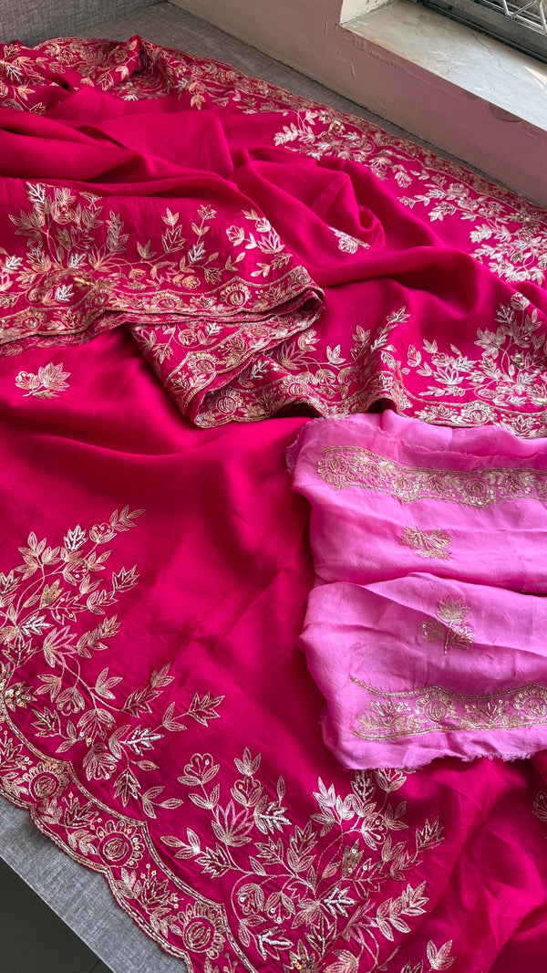 Designer Pure Munga Silk Saree with Floral Handwork & Embellished Border