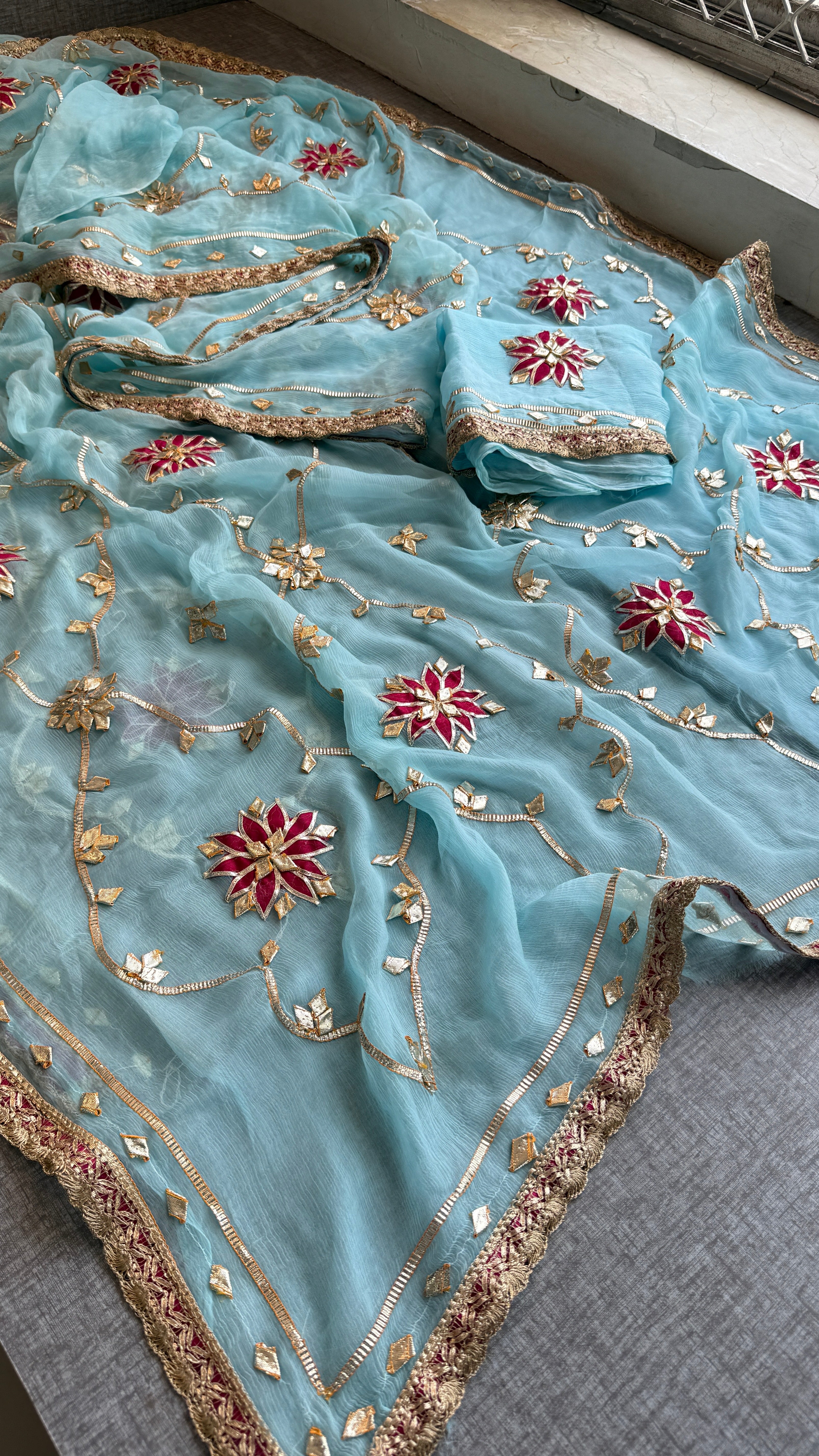 Firozi Chiffon Sikhiya Gotapatti All over Jaal Saree