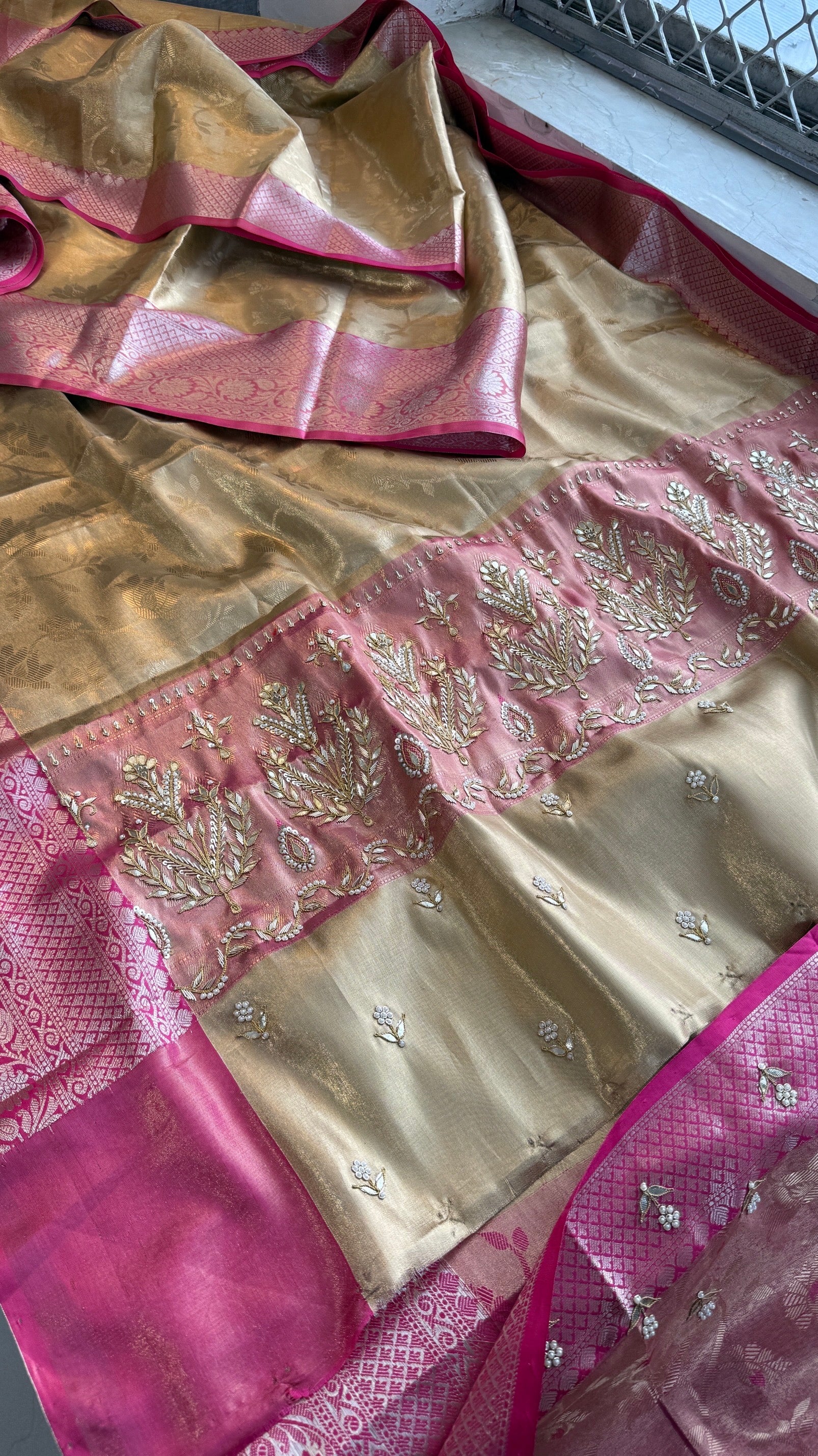 Gold and Pink Kanjivaram Banarasi Silk Zari Weaving Saree with Gota Patti and Zardozi Handwork, Designer Wedding & Festive Wear