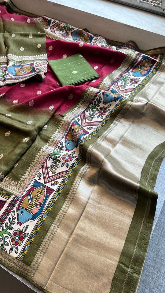 Soft Munga Silk Banarasi Kanni Weaving Saree with Madhubani Border