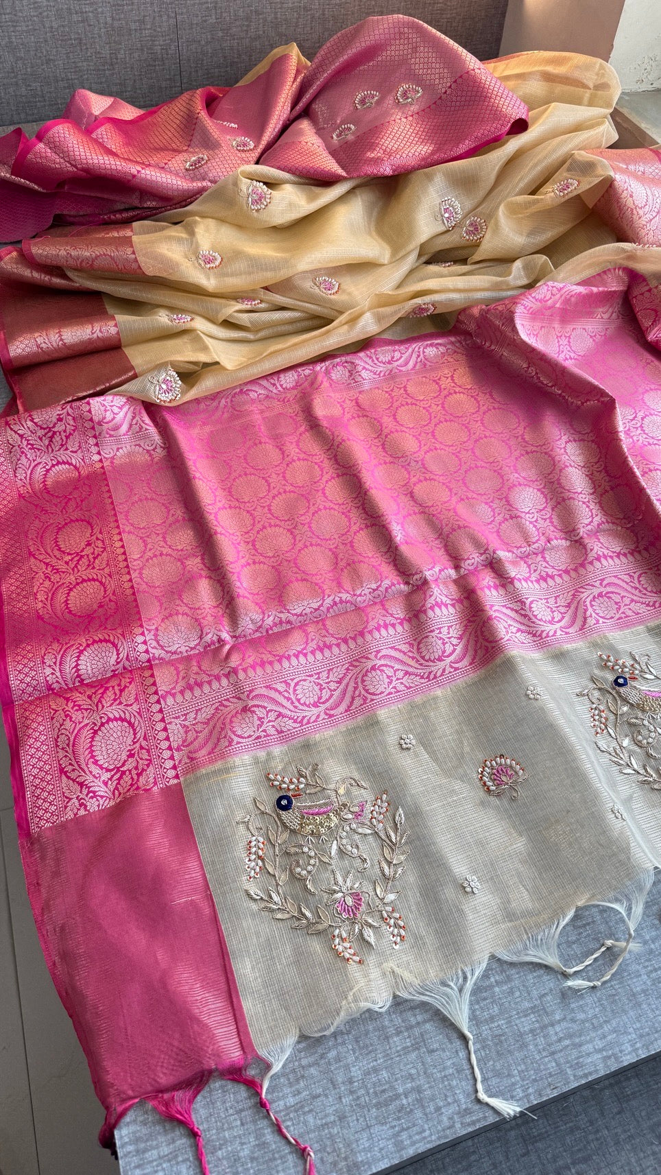 Soft Tissue Kota Silk Banarasi Weaving Saree with Gotapatti, Pearl & Sequin Embellishments