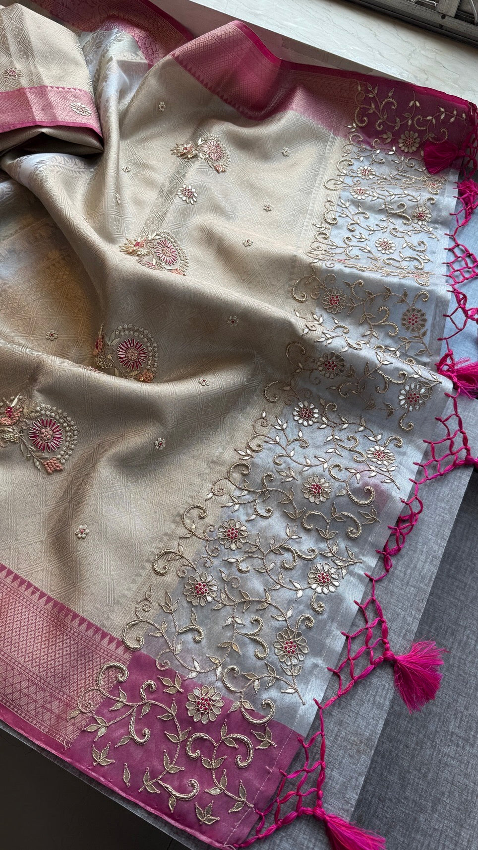 Pure Soft Tissue Silk Saree with Heavy Pallid Brocade & Banarasi Zari Border