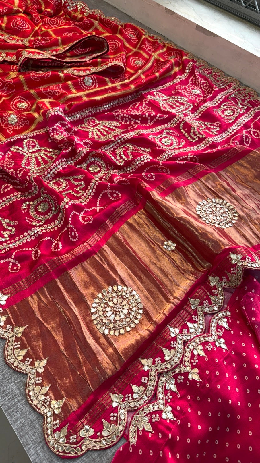Soft Gajji Silk Lakdi Patta Digital Print Saree with Gotapatti, Zardozi, Sequins & Pearl Work Blouse