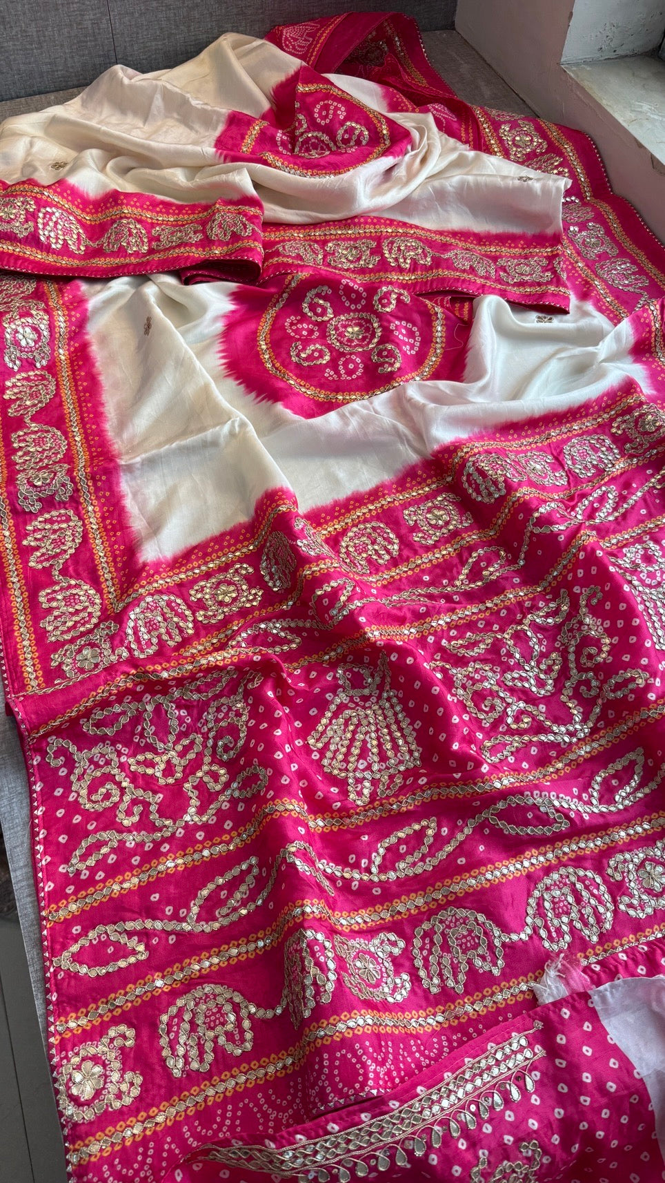 Pure Munga Silk Saree with Elephant Motifs & Gota Patti Work