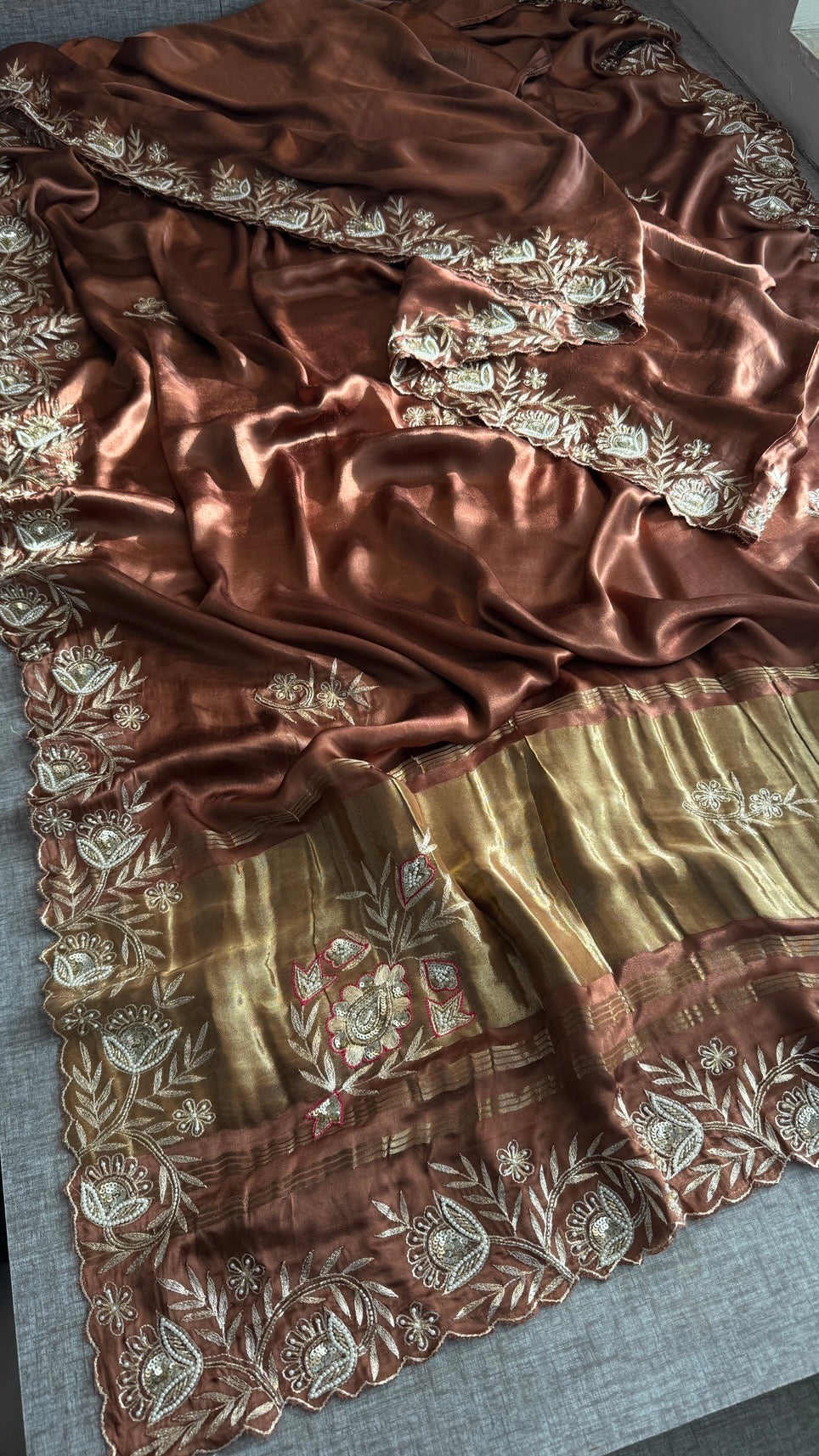 Soft Gajji Silk Lakdi Patta Banarasi Saree with Zardozi, Kasab, Pearl & Sequins Work