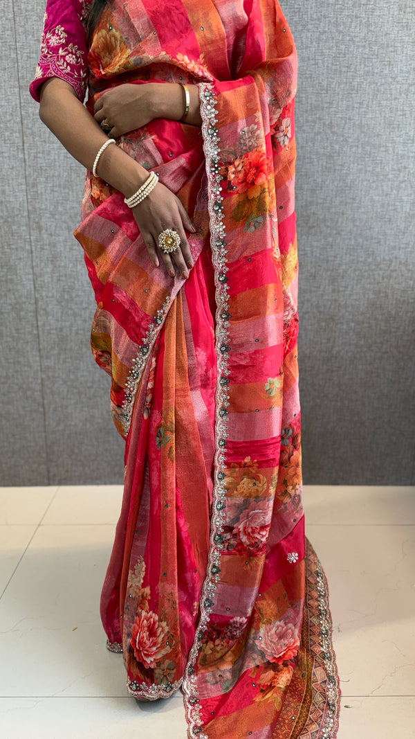 Cosmo Silk Digital Print Saree with Resham, Sequins, Aari & Mirror Work Scallop Border