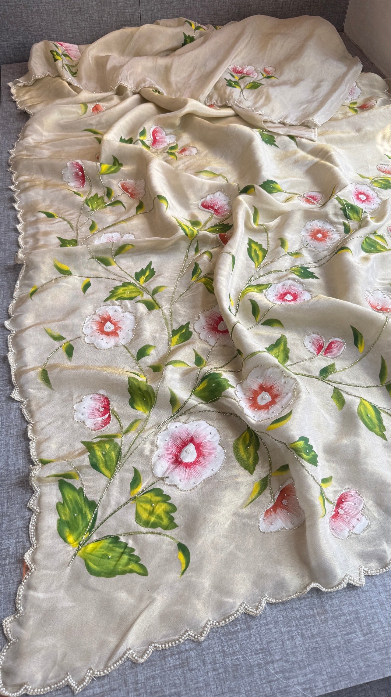 Pure cosmo silk hand painted Saree intricate with sequins and kutdana work
