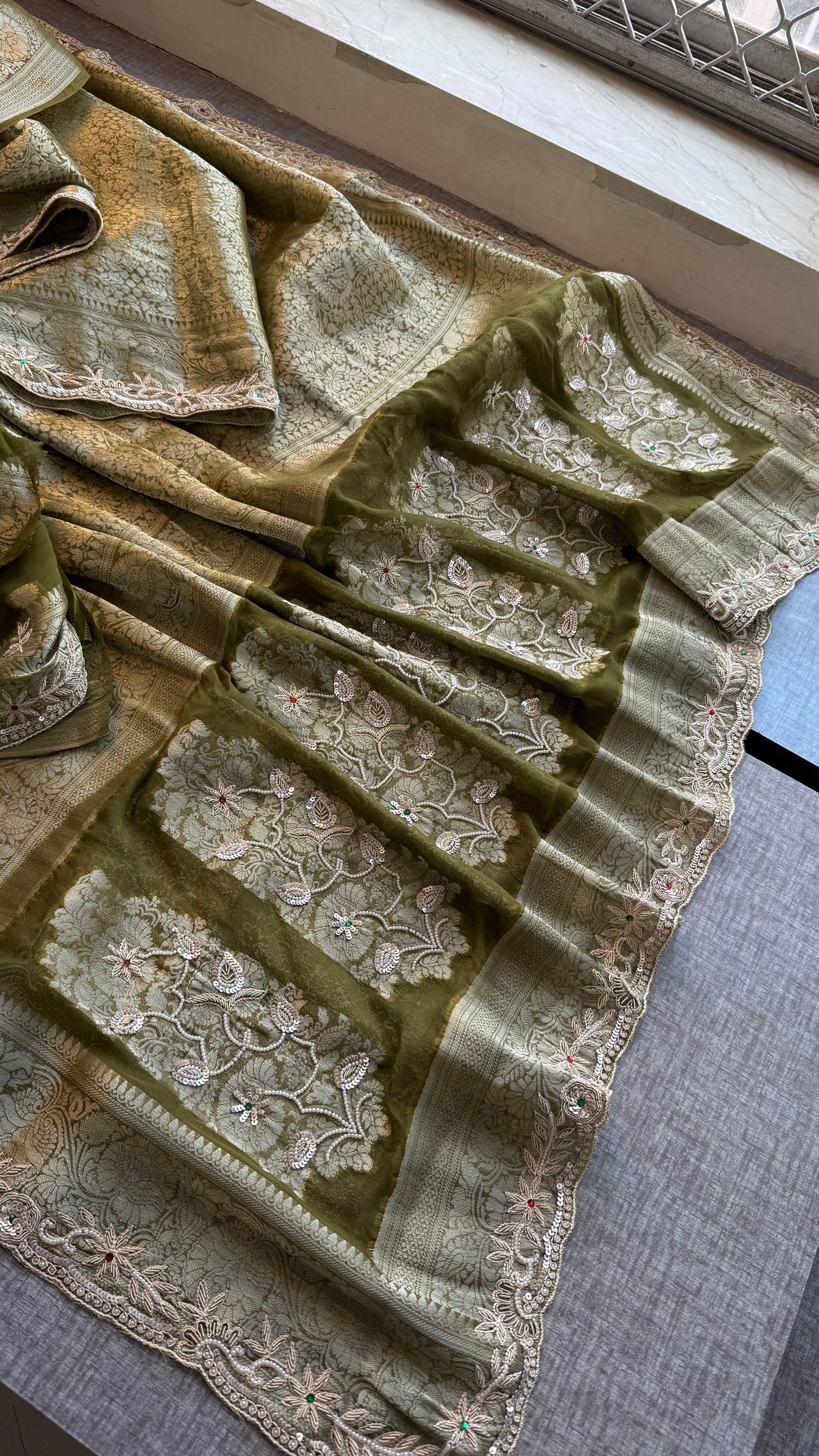 Wedding Wear Banarasi Khaddi Georgette Saree with Pearl Sequin Gotapatti Work