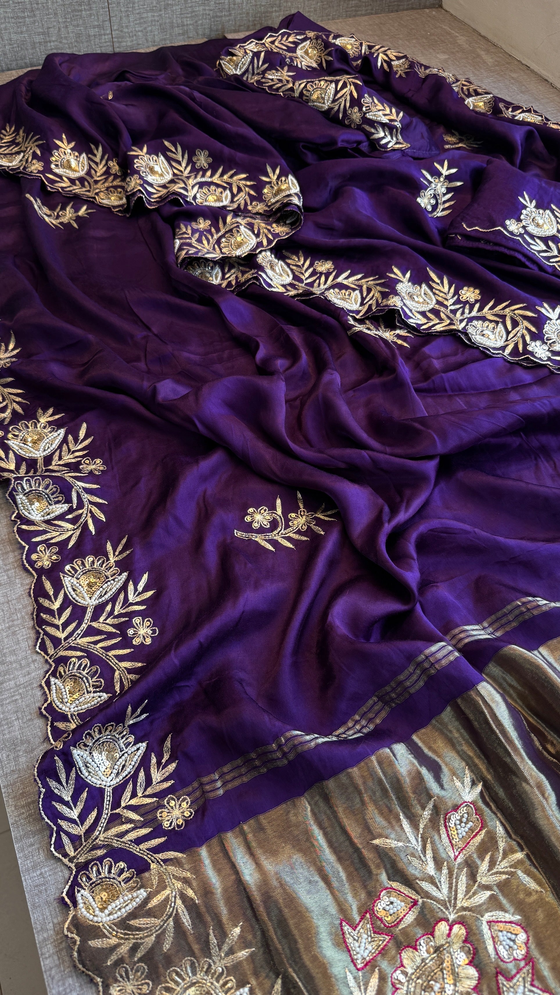 Designer Purple Pure Gajji Silk Saree with Aari, Cutdana, and Gota Patti Handwork with Blouse