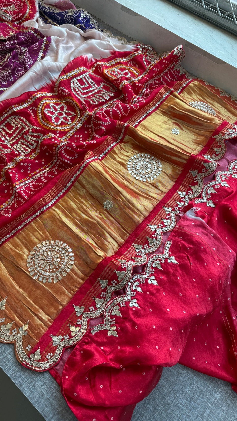 Elegant Gajji Silk Saree with Bandhani Prints & Handcrafted Embellishments
