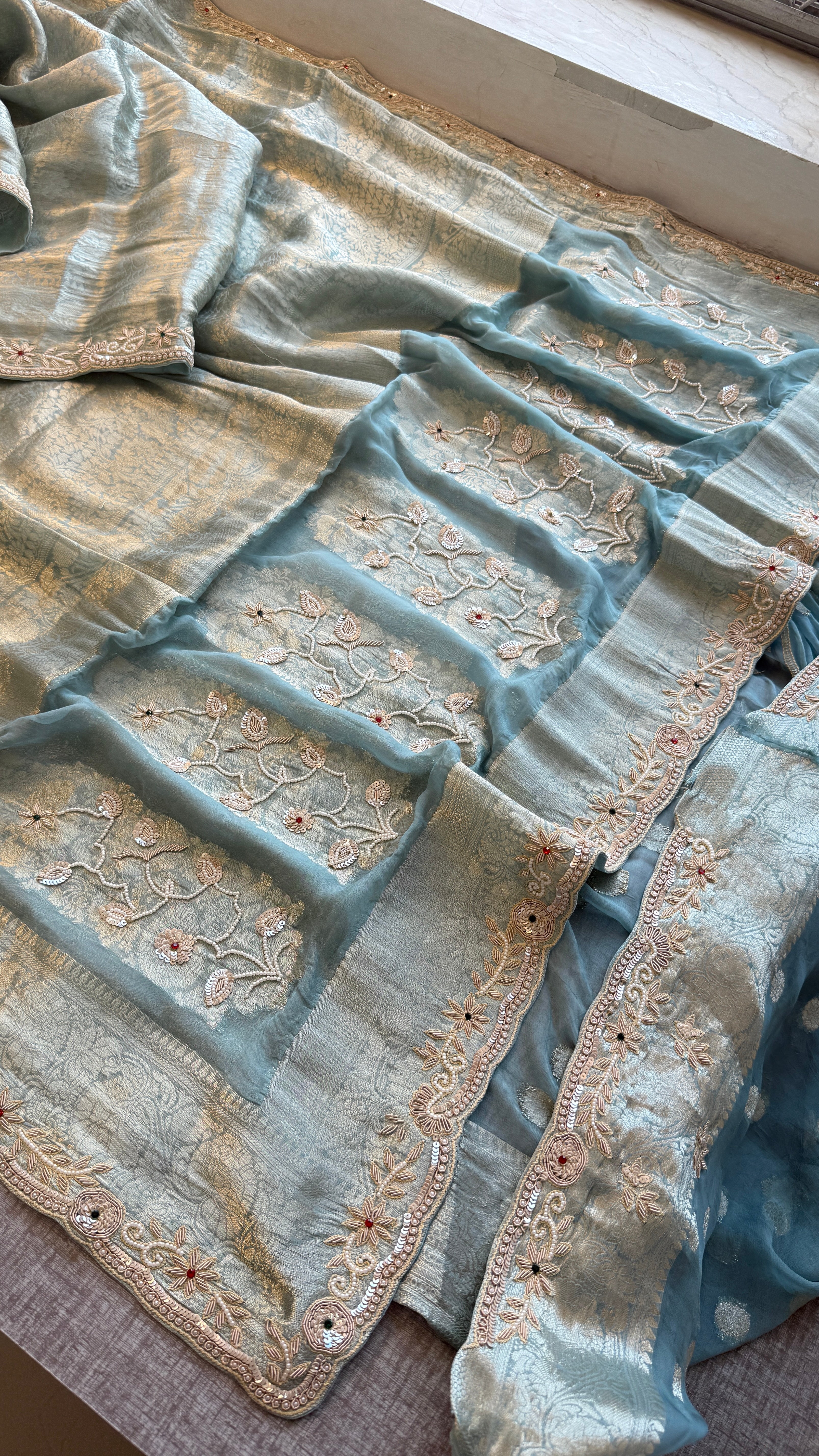 Pure Khaddi Georgette saree Adorned With Zardozi, Sequins , Pearl and Stone