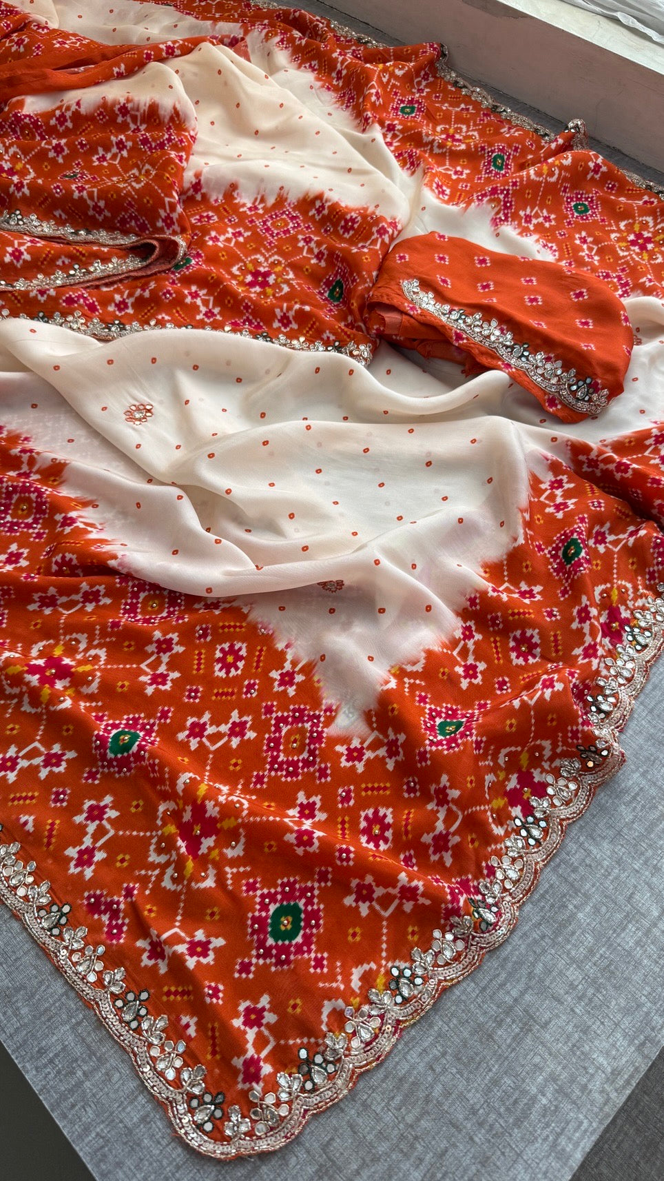 Soft Munga Silk Digital Print Saree with Zardozi, Kutdana, Pearl, Sequins & Stone Work with Designer Blouse