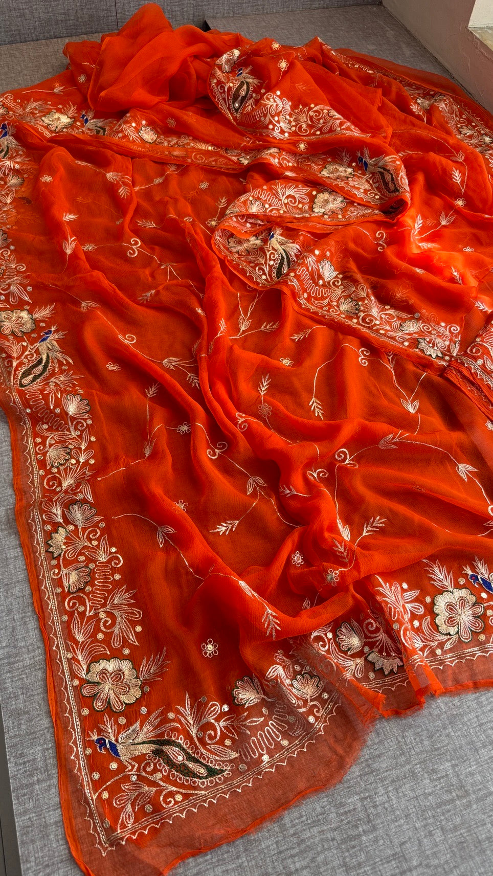 Handcrafted Chiffon Saree with Aari Pittan Peacock Work