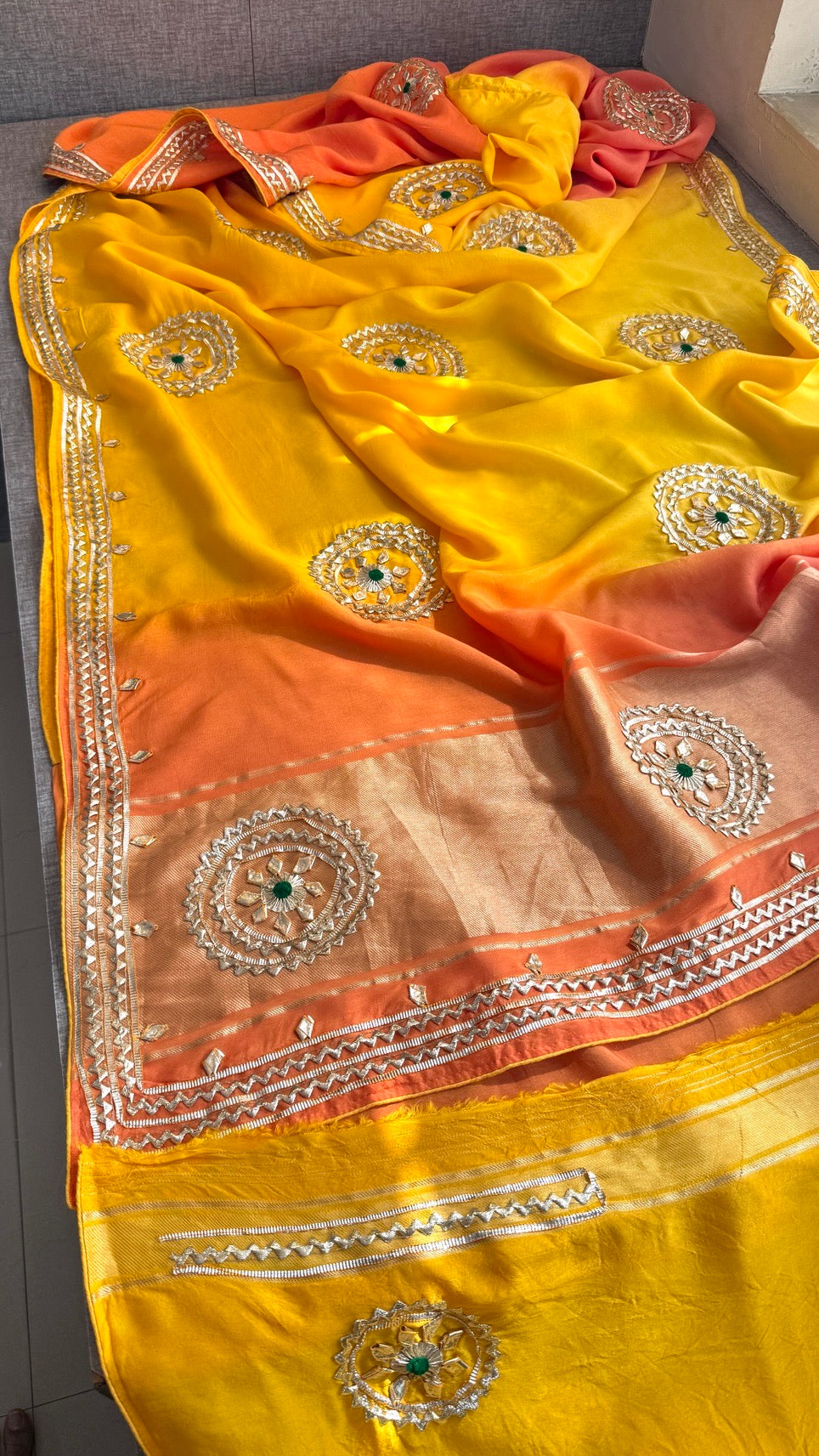 Sunshine Pure Munga Silk Rajwadi Pattern Rajasthani Jaipuri Saree with Sikhiya Gota Patti Work