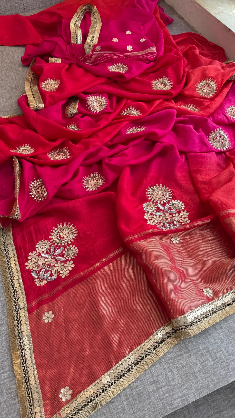 Pure Munga Silk Lakdi Patta Banarasi Saree with Gotapatti, Zardozi & Pearl Work