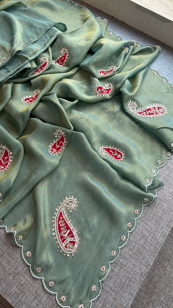 Sage Green Cosmo Silk Saree with Scalloped Border and Red Paisley Motifs
