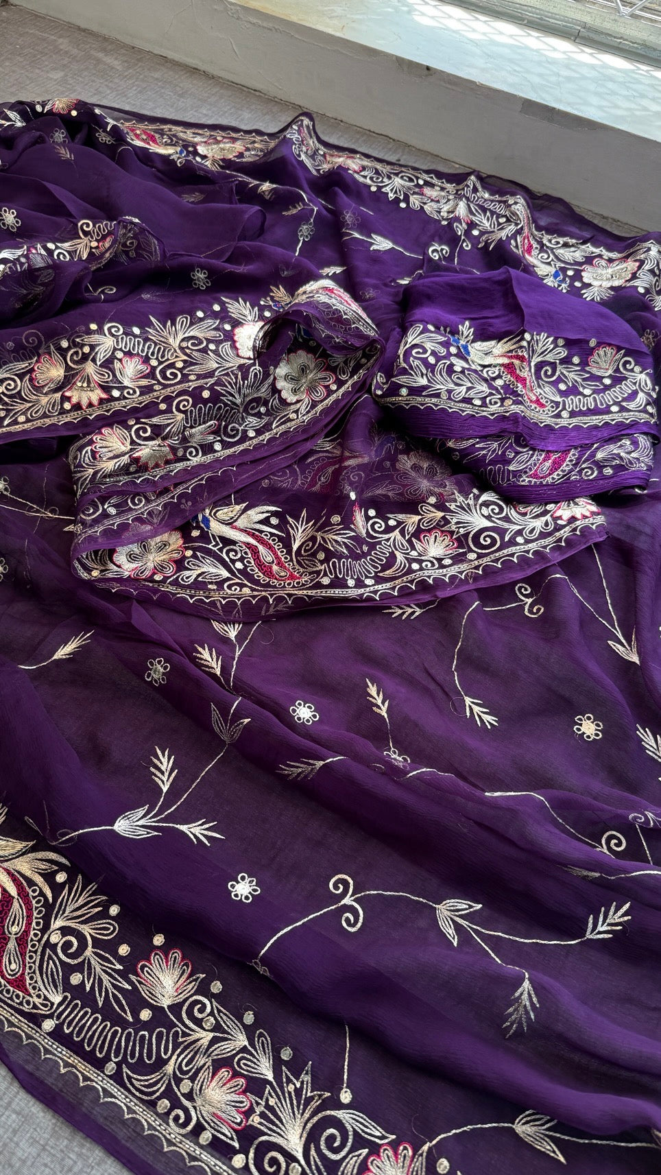 Handcrafted Chiffon Saree with Aari Pittan Peacock Work