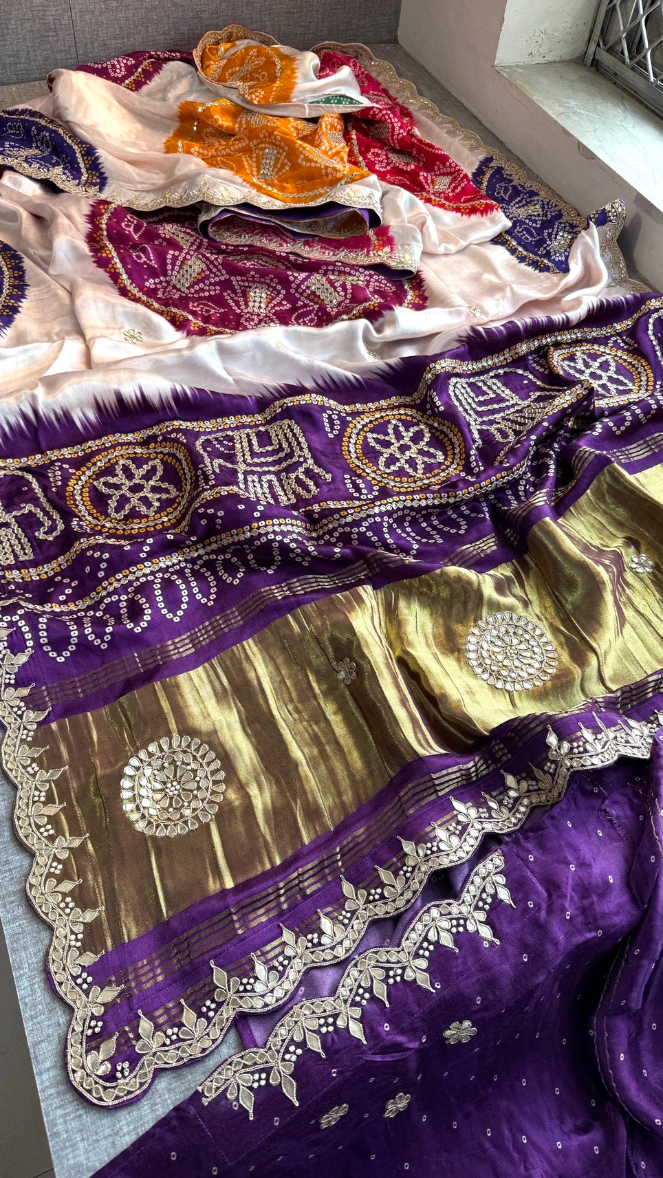 Elegant Gajji Silk Saree with Bandhani Prints & Handcrafted Embellishments