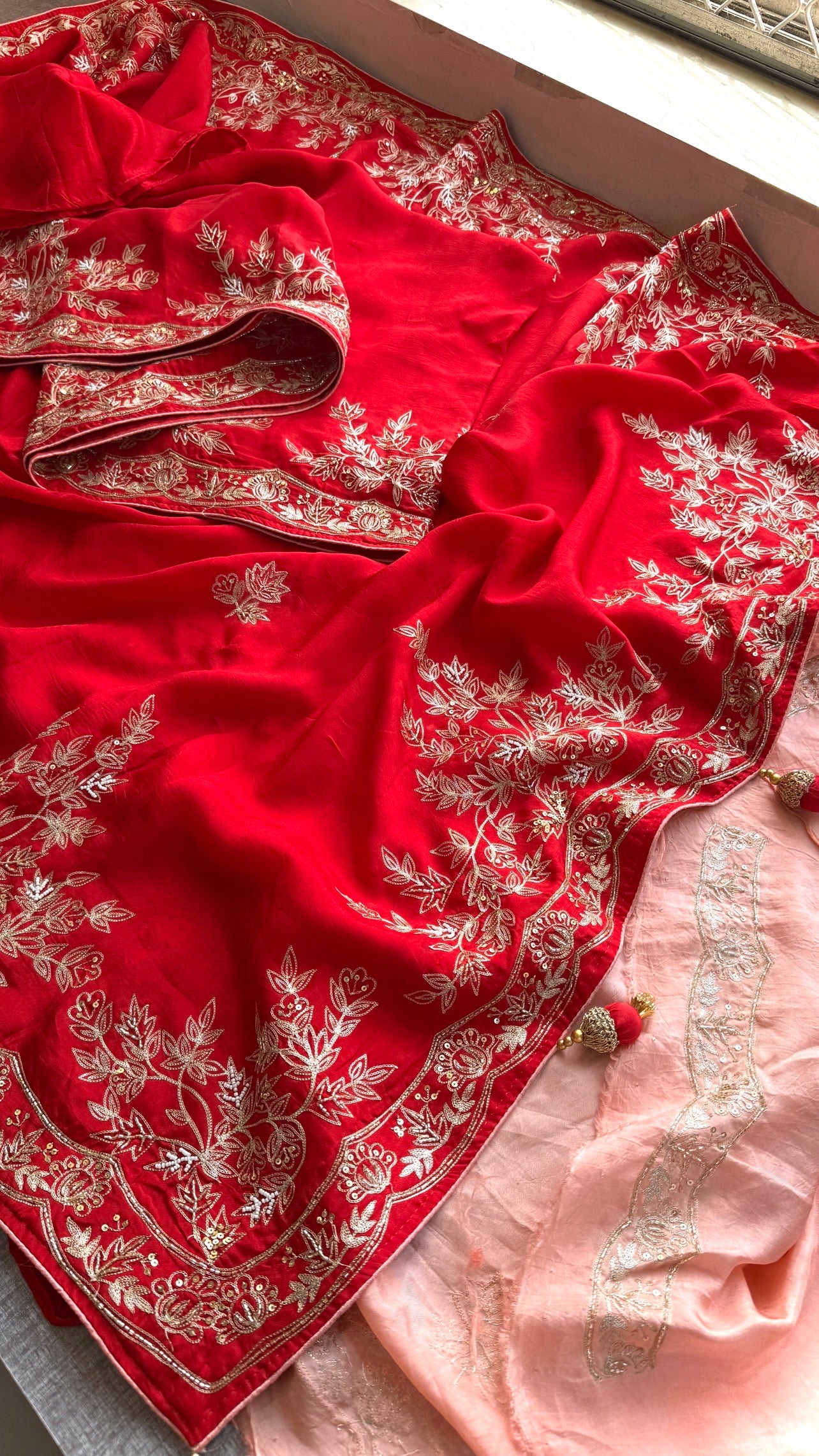Designer Pure Munga Silk Saree with Floral Handwork & Embellished Border
