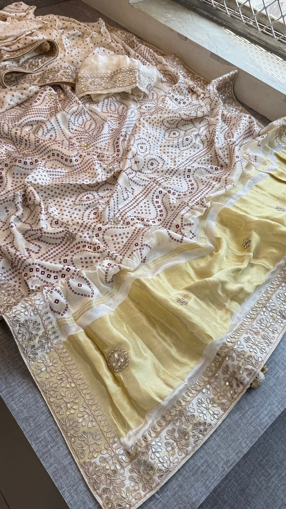 Soft Gajji Silk Lakdi Patta Bandhani Saree with Gotapatti, Zardozi & Pearl Work