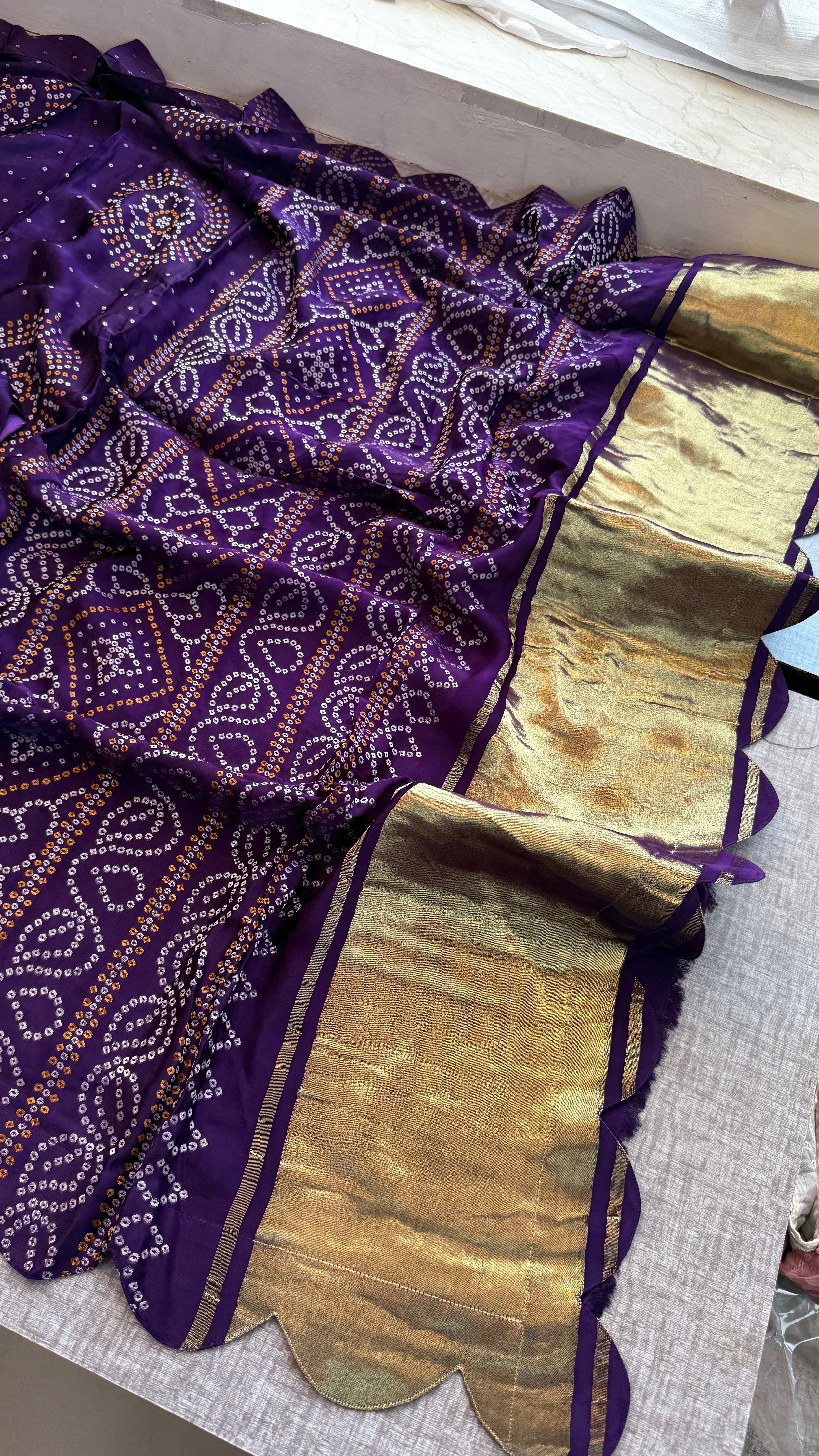 Pure Satin Silk Golden Bandhani weaving saree with lakdi patta