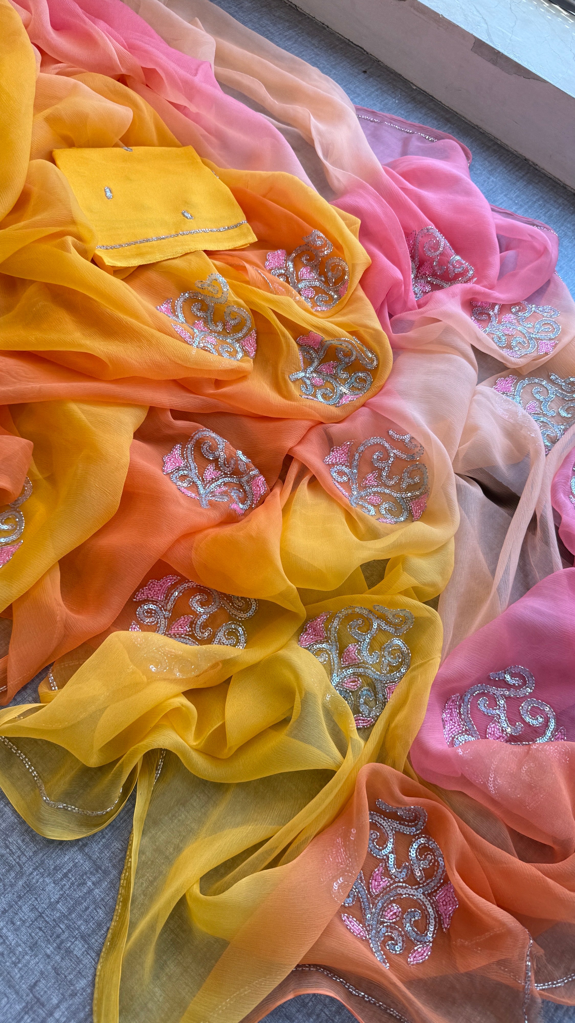Pure Chiffon Embroidered Saree with Matching Blouse