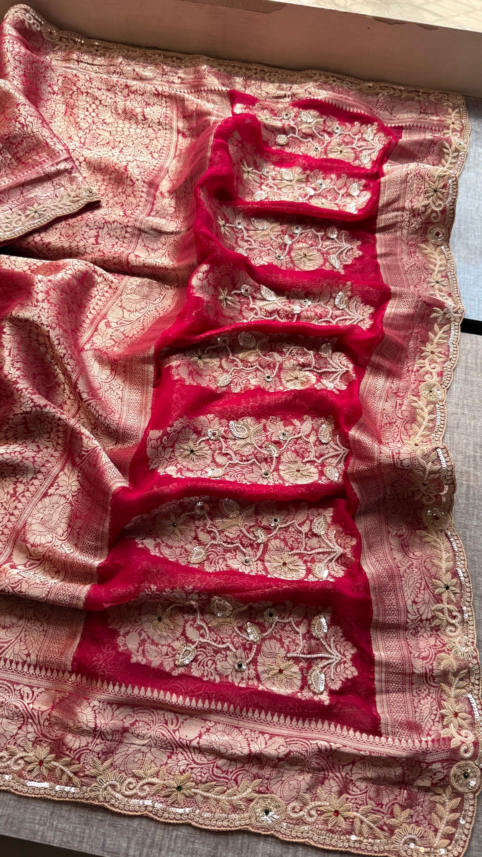 Wedding Wear Banarasi Khaddi Georgette Saree with Pearl Sequin Gotapatti Work