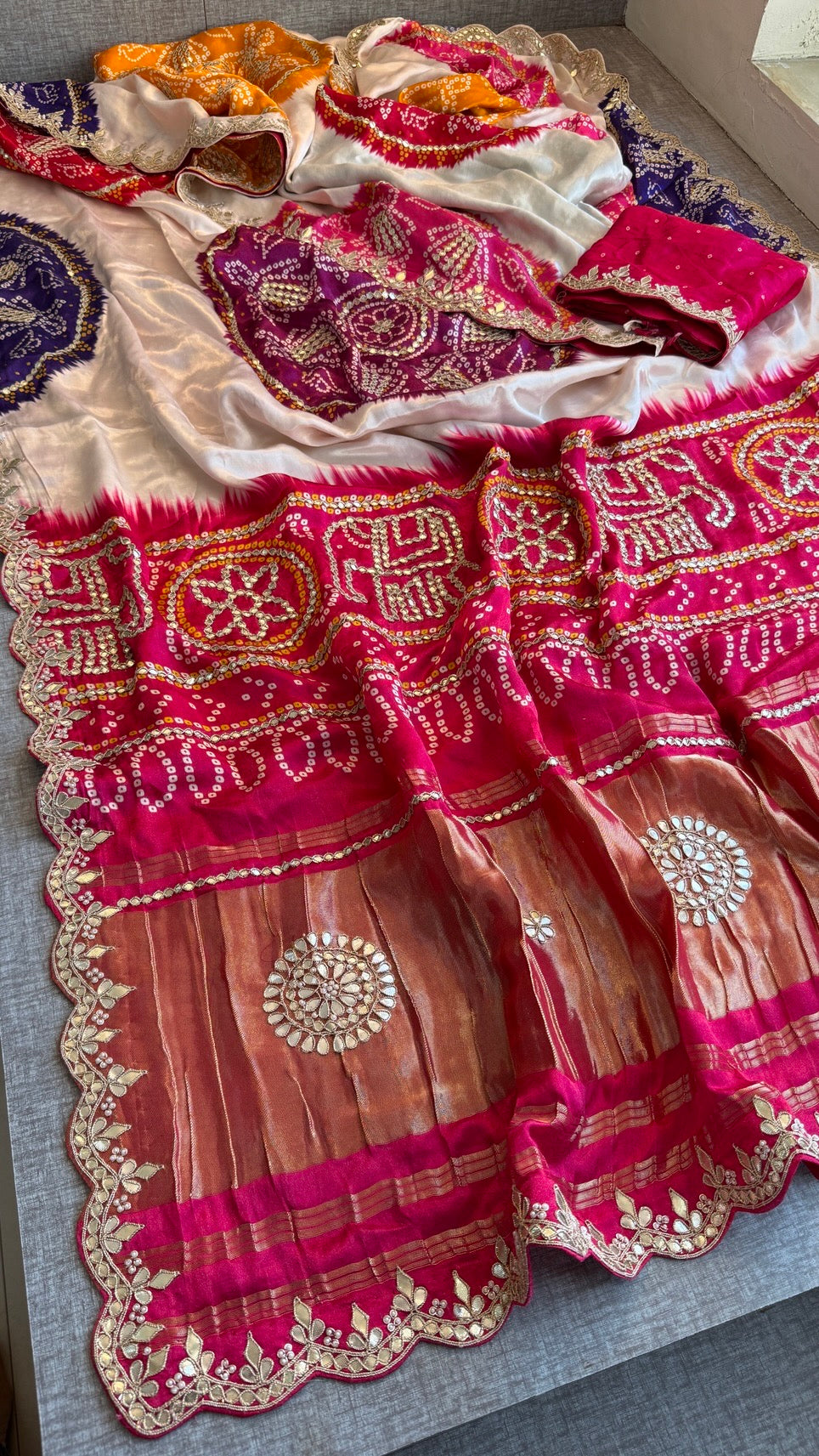 Elegant Gajji Silk Saree with Bandhani Prints & Handcrafted Embellishments