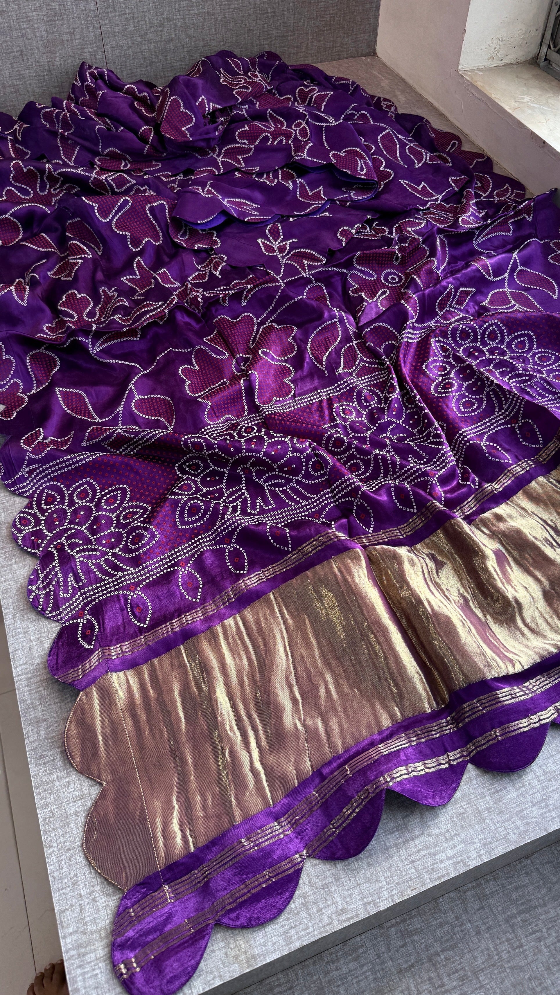 Pure Gajji Silk Bandhej Print Saree with Scallop Border – Orange Designer Bandhani Silk Saree