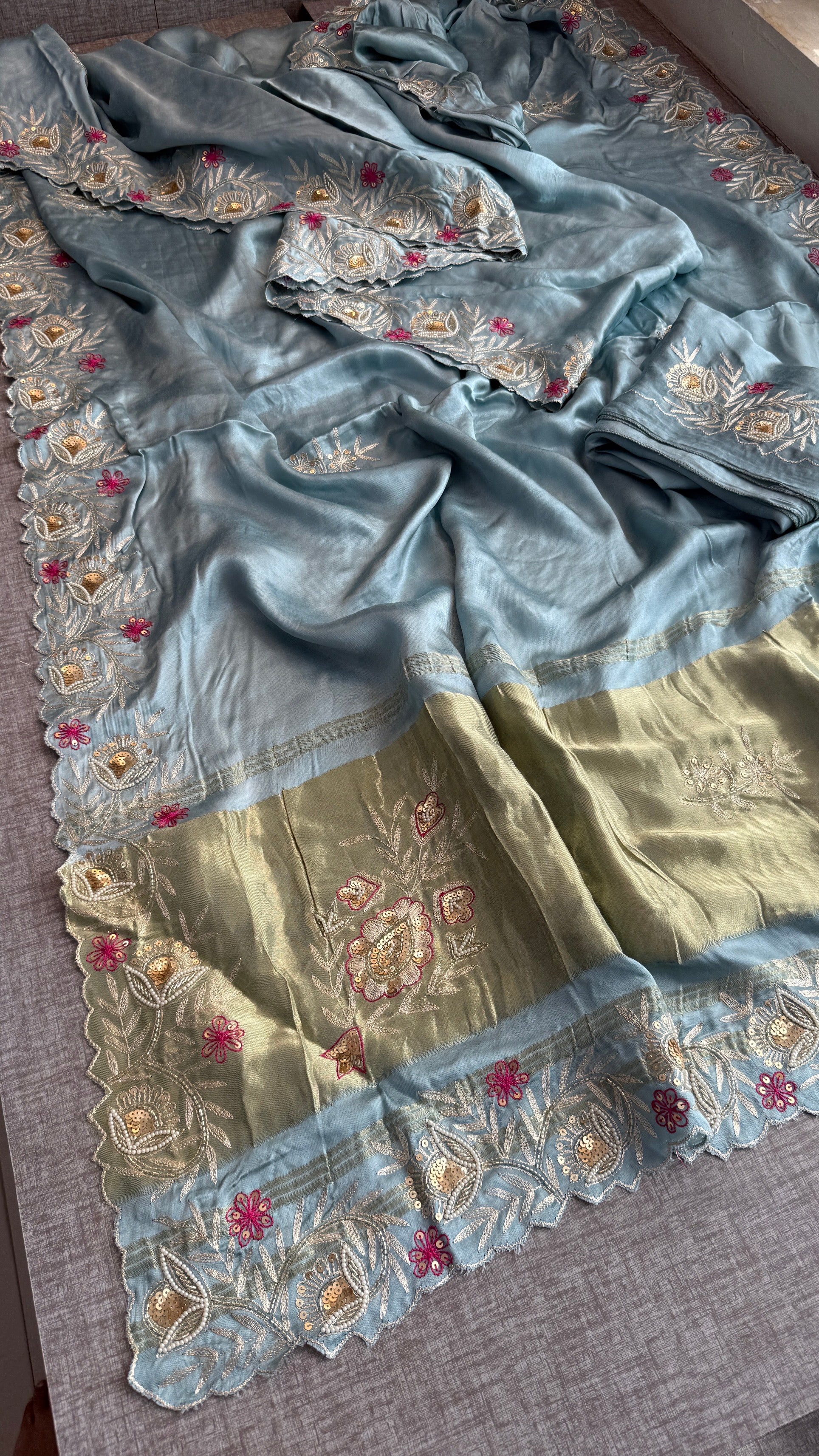 Designer Pure Gajji Silk Saree with Aari, Cutdana, and Gota Patti Handwork with Blouse