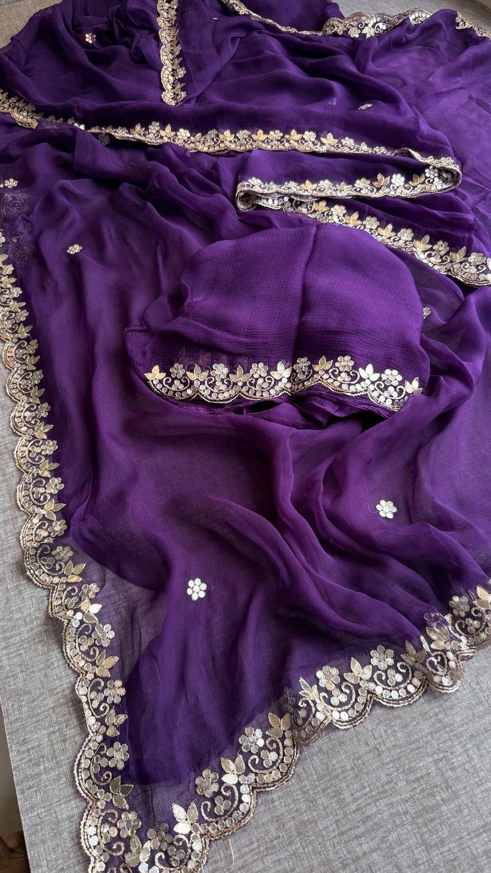 Soft Chiffon Saree Adorned with Elegant Kasab & Gota Patti Handwork