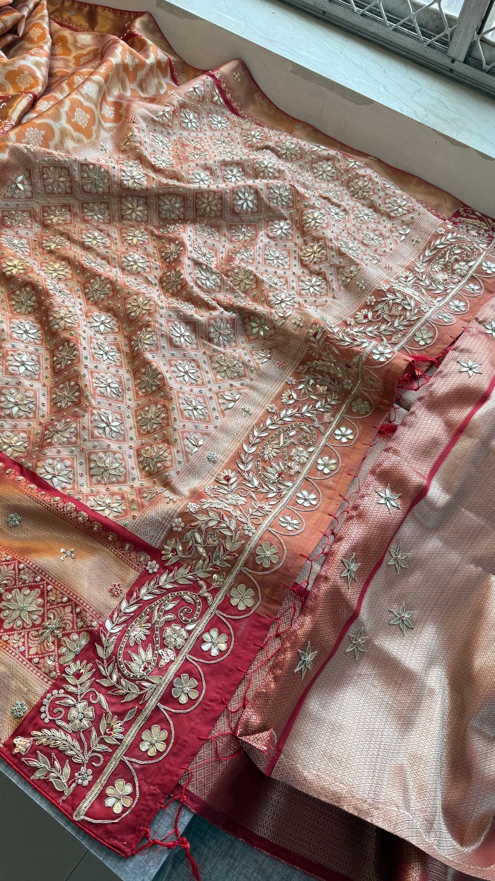 Pure Soft Kanjivaram Silk Banarasi Saree with Zardozi, Gotapatti & Pearl Sequins Work | Designer Blouse Included