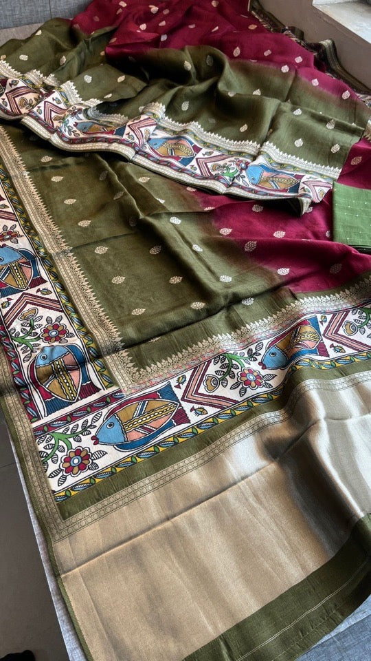 Soft Munga Silk Banarasi Kanni Weaving Saree with Madhubani Border