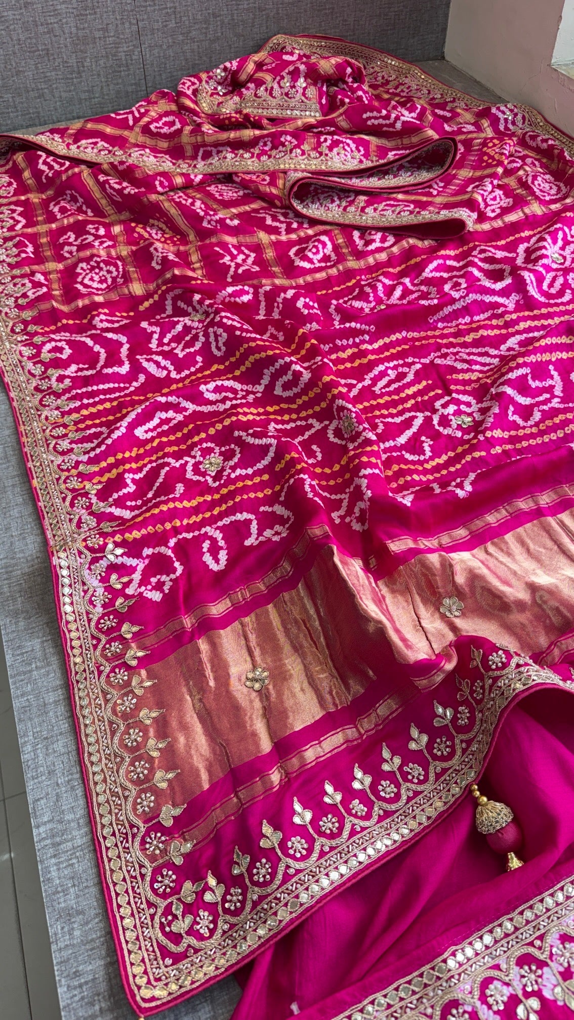 Pure Gajji Silk Bandhani Saree with Banana Wave Print & Handcrafted Gotapatti Aari Work