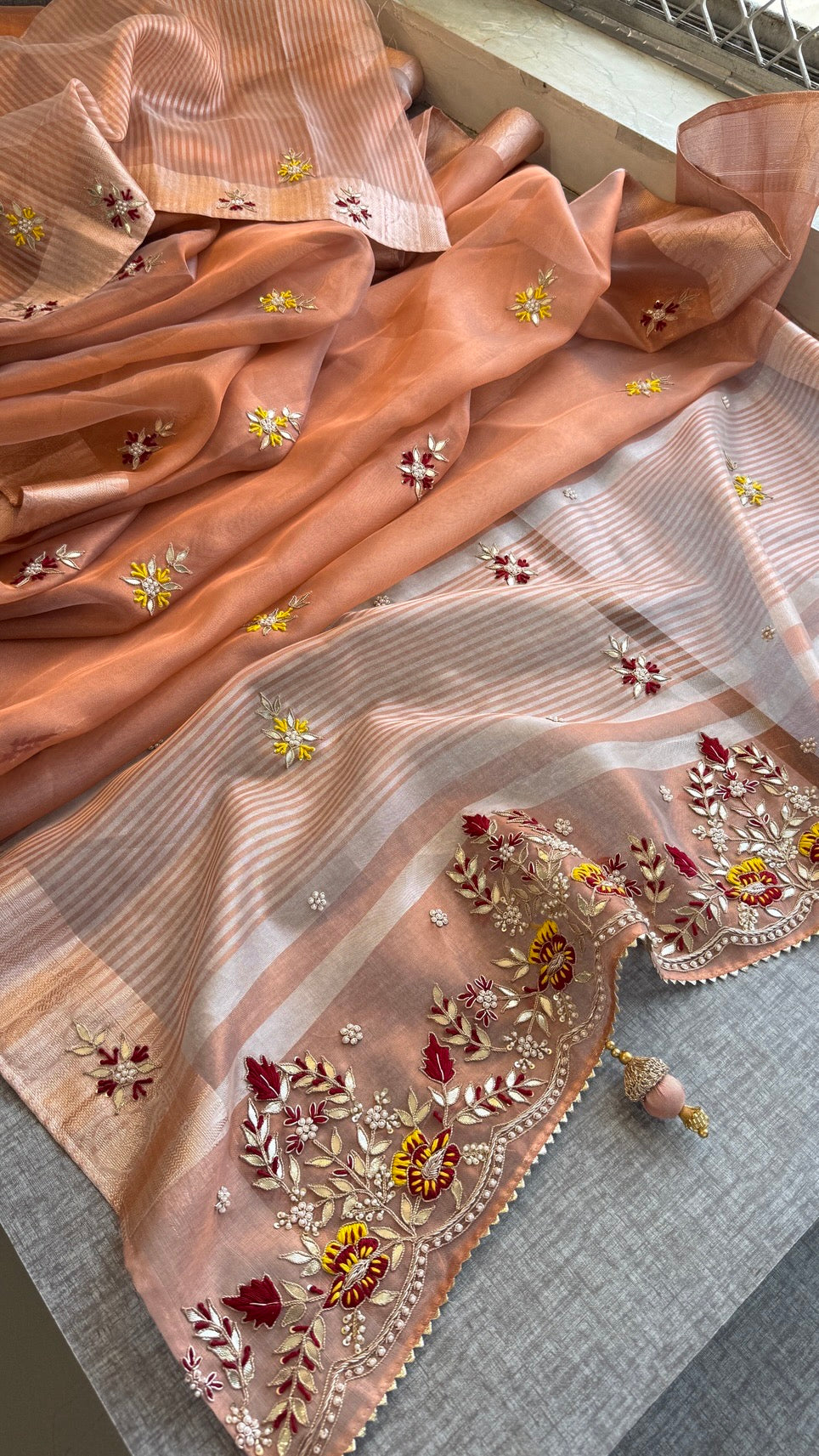 Tissue Silk Banarasi Saree with Gotapatti, Zardozi & Pearl Handwork – Heavy Designer Pallu