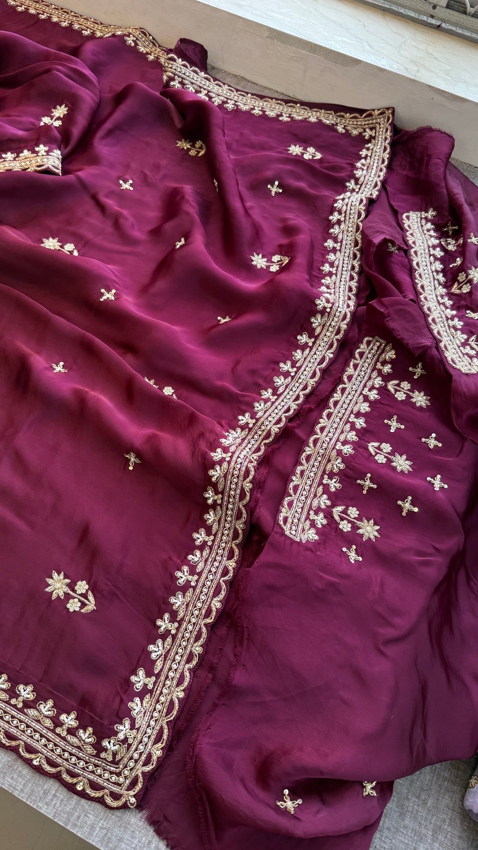 Bridal Pure Soft Organza Satin Saree with Zardozi, Sequins, Kutdana & Pearl Handwork