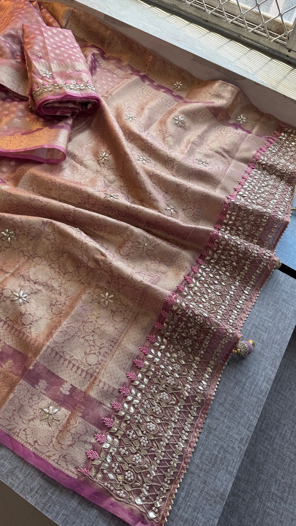 100% Soft Tissue Silk Banarasi Weaving Saree with Gotapatti, Zardozi, Pearl & Sequin Work